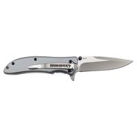 The Custom Laser Engraved Bison River 4 1/4" Everyday Carry Knife features a silver handle and partially serrated blade—ideal for corporate gifts or promotional giveaways.