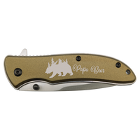 The Custom Laser Engraved Bison River 4 1/4" Everyday Carry Knife by Bison River features a gold handle with a bear, trees, and "Papa Bear"—ideal for corporate gifts or promotional giveaways.
