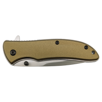 The Bison River Custom Laser Engraved 4 1/4" Everyday Carry Knife, with a metallic tan handle and black screws, is perfect for corporate gifts or promotional giveaways—shown closed against a plain white background.