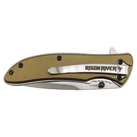 The Custom Laser Engraved Bison River 4 1/4" Everyday Carry Knife features a metallic handle, closed blade, and pocket clip—ideal for corporate gifts or promos. Personalize it with custom laser engraving for a unique touch.