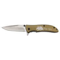 The Bison River Custom Laser Engraved 4 1/4" Everyday Carry Knife has a metallic blade and olive green handle with bear, trees, and "Papa Bear" graphic—ideal for unique promotional giveaways or memorable corporate gifts.