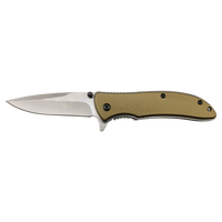 The Bison River Custom Laser Engraved 4 1/4" Everyday Carry Knife features a metallic blade and tan handle, ideal for corporate gifts or promotional giveaways, shown here on a plain white background.