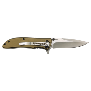 The Custom Laser Engraved Bison River 4 1/4" Everyday Carry Knife features a stainless steel blade and olive green handle—perfect as a branded corporate gift or promotional giveaway.