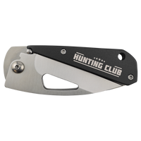 The Bison River Custom Laser Engraved 3 1/2" Everyday Carry Knife features a metallic blade, black handle, and "HUNTING CLUB" with five stars—perfect for corporate gifts or promotional giveaways.