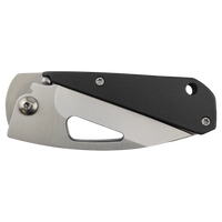 The Bison River Custom Laser Engraved 3 1/2" Everyday Carry Knife features a partially open stainless steel blade, black handle, lanyard hole, and space for your logo—ideal for corporate gifts or promotional giveaways.