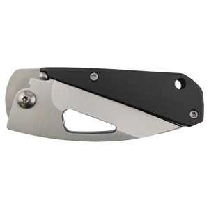 The Bison River Custom Laser Engraved 3 1/2" Everyday Carry Knife features a partially open stainless steel blade, black handle, lanyard hole, and space for your logo—ideal for corporate gifts or promotional giveaways.