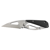 The Custom Laser Engraved Bison River 3 1/2" Everyday Carry Knife features a silver blade, black handle with cutout design, and is ideal for corporate gifts or promos. Shown open on a plain white background. Brand: Bison River.