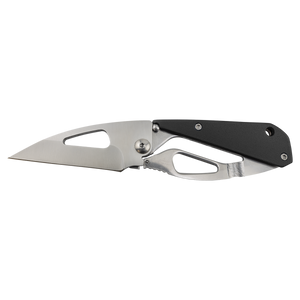 The Custom Laser Engraved Bison River 3 1/2" Everyday Carry Knife features a silver blade, black handle with cutout design, and is ideal for corporate gifts or promos. Shown open on a plain white background. Brand: Bison River.
