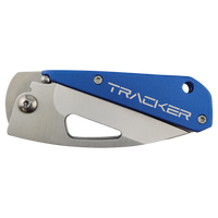 The Bison River Custom Laser Engraved 3 1/2" Everyday Carry Knife features a blue "TRACKER" handle and partially exposed stainless steel blade—perfect for corporate gifts or promotional giveaways.