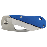 The Bison River Custom Laser Engraved 3 1/2" Everyday Carry Knife features a blue handle and partially visible stainless steel blade, shown closed—perfect for corporate gifts or promotional giveaways.