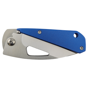 The Bison River Custom Laser Engraved 3 1/2" Everyday Carry Knife features a blue handle and partially visible stainless steel blade, shown closed—perfect for corporate gifts or promotional giveaways.