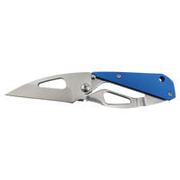 The Bison River Custom Laser Engraved 3 1/2" Everyday Carry Knife features a silver blade and blue handle, shown open against a white background—ideal for corporate gifts or promotional giveaways.