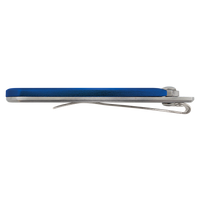The Bison River Custom Laser Engraved 3 1/2" Everyday Carry Knife, shown closed with a blue and silver finish and metal pocket clip, is ideal for corporate gifts or promotional giveaways.
