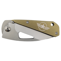 The Bison River 3 1/2" Everyday Carry Knife features a metallic handle with a star and wings emblem and partially visible stainless steel blade—perfect for custom laser engraved corporate gifts or promotional giveaways.