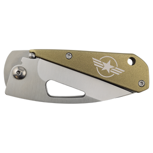 The Bison River 3 1/2" Everyday Carry Knife features a metallic handle with a star and wings emblem and partially visible stainless steel blade—perfect for custom laser engraved corporate gifts or promotional giveaways.