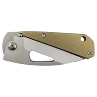 The Bison River Custom Laser Engraved 3 1/2" Everyday Carry Knife features a metallic handle and blade groove, ideal for unique corporate gifts or promotional giveaways, shown closed on a white background.