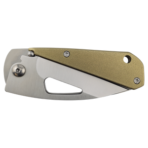 The Bison River Custom Laser Engraved 3 1/2" Everyday Carry Knife features a metallic handle and blade groove, ideal for unique corporate gifts or promotional giveaways, shown closed on a white background.