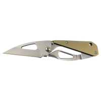 The Bison River Custom Laser Engraved 3 1/2" Everyday Carry Knife features a metallic blade, cutout handle, and tan accent—ideal as a corporate gift—shown on a white background.