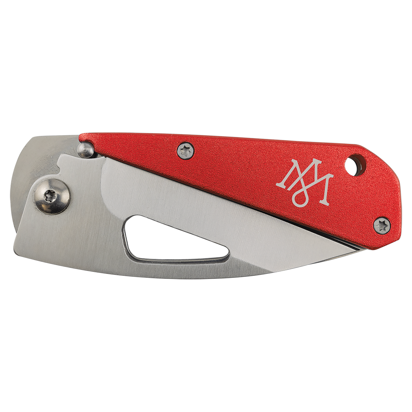 The Bison River Custom Laser Engraved 3 1/2" Everyday Carry Knife features a red handle, silver blade, and white logo—perfect for promotional giveaways or custom corporate gifts.