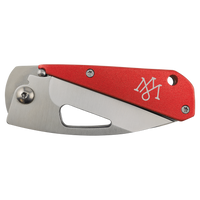 The Bison River Custom Laser Engraved 3 1/2" Everyday Carry Knife features a red handle, silver blade, and white logo—perfect for promotional giveaways or custom corporate gifts.