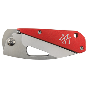 The Bison River Custom Laser Engraved 3 1/2" Everyday Carry Knife features a red handle, silver blade, and white logo—perfect for promotional giveaways or custom corporate gifts.