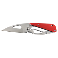 The Custom Laser Engraved Bison River 3 1/2" Everyday Carry Knife by Bison River features a silver stainless steel blade and red handle, shown open on a white background, ideal for unique corporate gifts.