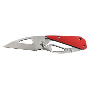 The Custom Laser Engraved Bison River 3 1/2" Everyday Carry Knife by Bison River features a silver stainless steel blade and red handle, shown open on a white background, ideal for unique corporate gifts.