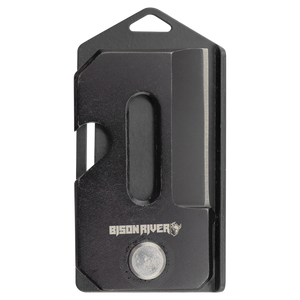 The Bison River Custom Laser Engraved 2" Everyday Carry Knife is a compact black metal multi-tool with coin slot and blade, perfect for portability and customized as a standout promotional giveaway or memorable corporate gift.