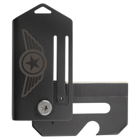 The Bison River Custom Laser Engraved 2" Everyday Carry Knife features a black metal body, sliding cover, winged star emblem, and exposed blade—perfect for promotional giveaways or corporate gifts. Shown on a white background.
