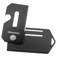The Custom Laser Engraved Bison River 2" Everyday Carry Knife is a compact black metal tool with a blade, slotted opening, and matching cover—perfect for corporate gifts or distinctive promotional giveaways.