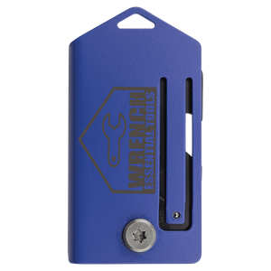 A blue, rectangular Bison River Custom Laser Engraved 2" Everyday Carry Knife with a slot, screw, hanging hole, and logo—ideal for personalized corporate gifts or promotional giveaways.