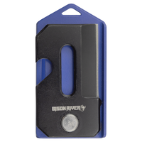 A Custom Laser Engraved Bison River 2" Everyday Carry Knife by Bison River is displayed on a blue plastic holder, making it ideal for corporate gifts or promotional giveaways, all set against a white background.