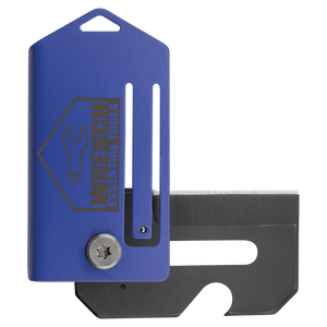 The Bison River Custom Laser Engraved 2" Everyday Carry Knife is a blue metal tool with "Wrench Essential Tools" text, sliding mechanism, and exposed black blade—ideal for promotional giveaways or custom corporate gifts.