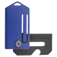 The Bison River Custom Laser Engraved 2" Everyday Carry Knife features a compact design with a blue metal casing, black replaceable blade, and exposed adjustment screw—perfect for corporate gifts or promotional giveaways.