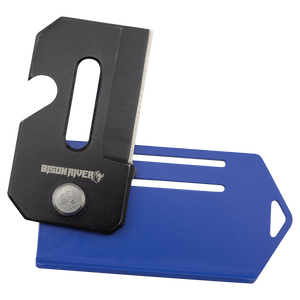 A Custom Laser Engraved Bison River 2" Everyday Carry Knife with a visible blade rests on a blue holder against a white background, making it perfect for branded corporate gifts or practical promotional giveaways.