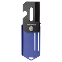 The Bison River Custom Laser Engraved 2" Everyday Carry Knife features a black metal blade, blue handle, slot, hook, and "BISON RIVER" text—ideal for unique corporate gifts or promotional giveaways.