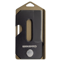 The Custom Laser Engraved Bison River 2" Everyday Carry Knife by Bison River features a rectangular black and bronze design, cut-out handle, visible blade, and is ideal for corporate gifts or custom promotional giveaways.