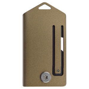 The Bison River Custom Laser Engraved 2" Everyday Carry Knife features a metallic rectangular body, matte finish, screw at the base, loop for attachment, and a slot showing part of the blade—ideal for promotional gifts.