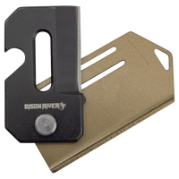 A compact black Bison River 2" Everyday Carry Knife rests on a flat gold metal card with slots and a keyring hole—perfect as custom laser engraved corporate gifts or promotional giveaways.