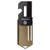 The Bison River 2" Everyday Carry Knife features a black metal blade, gold-colored handle, laser-engraved "BISON RAVEN," with a bottle opener slot and keychain hole—perfect as a promotional giveaway or unique corporate gift.