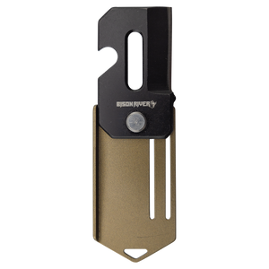 The Bison River 2" Everyday Carry Knife features a black metal blade, gold-colored handle, laser-engraved "BISON RAVEN," with a bottle opener slot and keychain hole—perfect as a promotional giveaway or unique corporate gift.