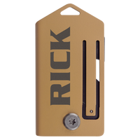 Tan-colored Bison River 2" Everyday Carry Knife with custom laser engraving, featuring a slide mechanism and bottom screw—perfect as a branded corporate gift or promotional giveaway.
