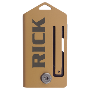 Tan-colored Bison River 2" Everyday Carry Knife with custom laser engraving, featuring a slide mechanism and bottom screw—perfect as a branded corporate gift or promotional giveaway.