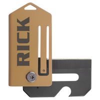 A compact Bison River 2" Everyday Carry Knife with a tan metal cover custom laser engraved "RICK" and a partially exposed black blade.