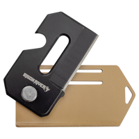 The Custom Laser Engraved Bison River 2" Everyday Carry Knife features a black blade on a tan plastic sheath with two slots and an angled corner—perfect for corporate gifts or promotional giveaways.