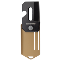 The Custom Laser Engraved Bison River 2" Everyday Carry Knife is a compact, black and tan multi-tool with a slot, hook, and protective sheath—ideal for corporate gifts or promotional giveaways.