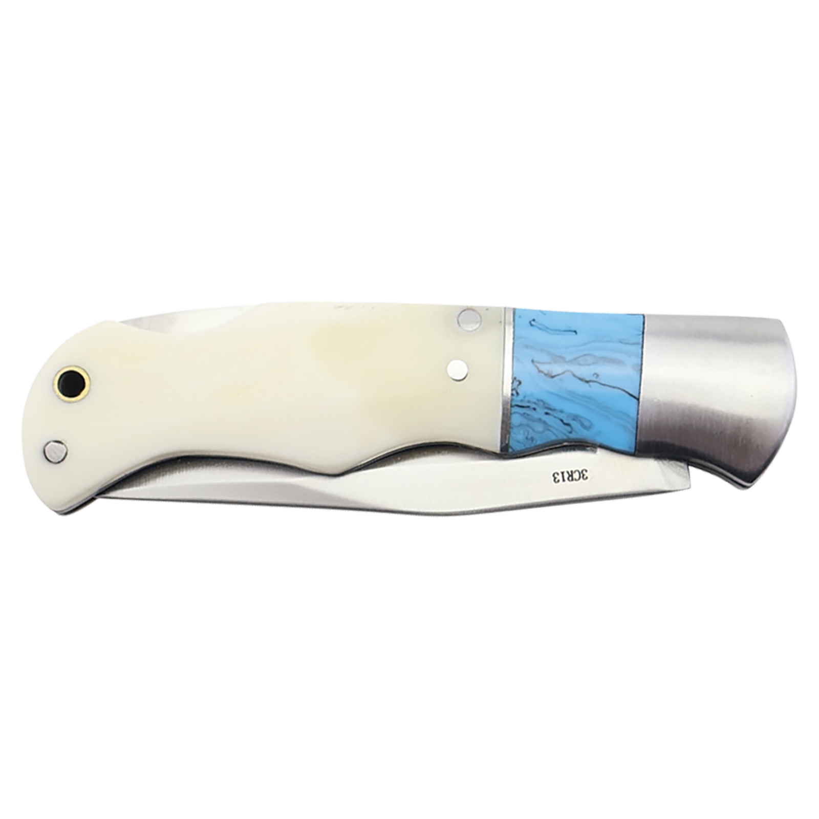 Custom Laser Engraved Bison River 3 1/2" Blue/Bone Folding Knife