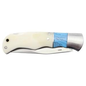 Custom Laser Engraved Bison River 3 1/2" Blue/Bone Folding Knife