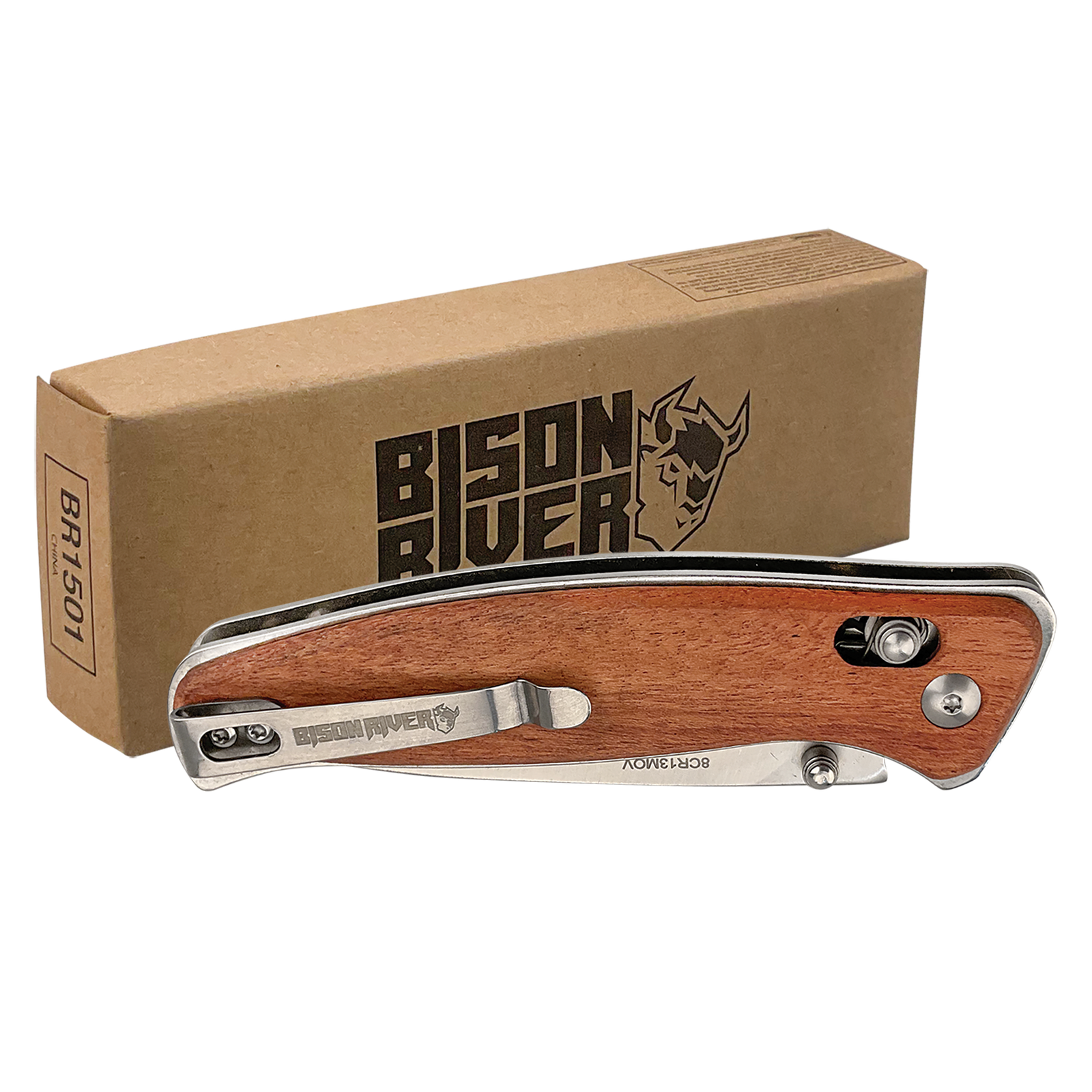 Custom Laser Engraved Bison River 4 1/2" Wood Button Lock Folding Knife