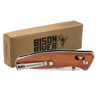 Custom Laser Engraved Bison River 4 1/2" Wood Button Lock Folding Knife